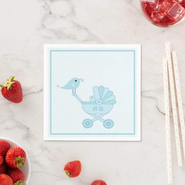 Servilleta De Papel Cute Blue Retro Bird Carrier Boy Baby Shower (In situ)