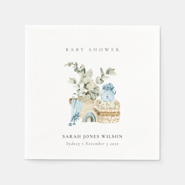 Servilleta De Papel Cute Boho Blue Nursery Foliage Boy Baby Shower (Anverso)