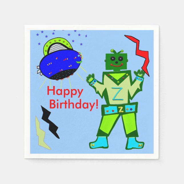 Servilleta De Papel Cute Boy Robot Blue Spaceship Cumpleaños (Anverso)