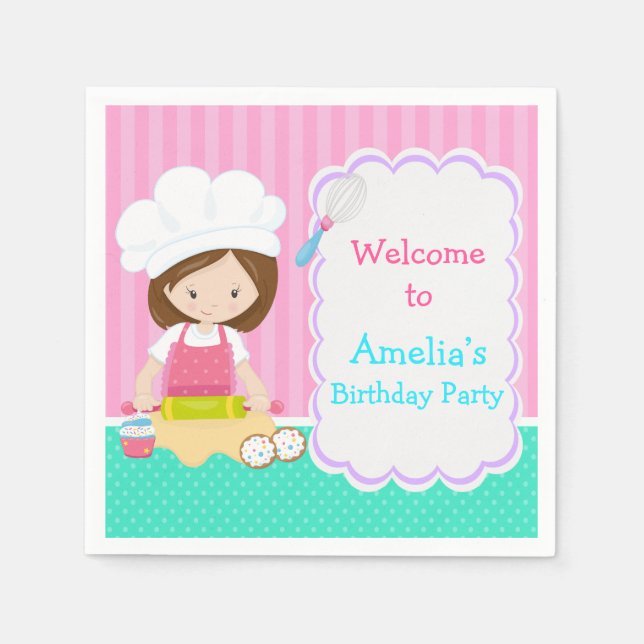 Servilleta De Papel Cute Brunette Chica Baking Birthday Party (Anverso)