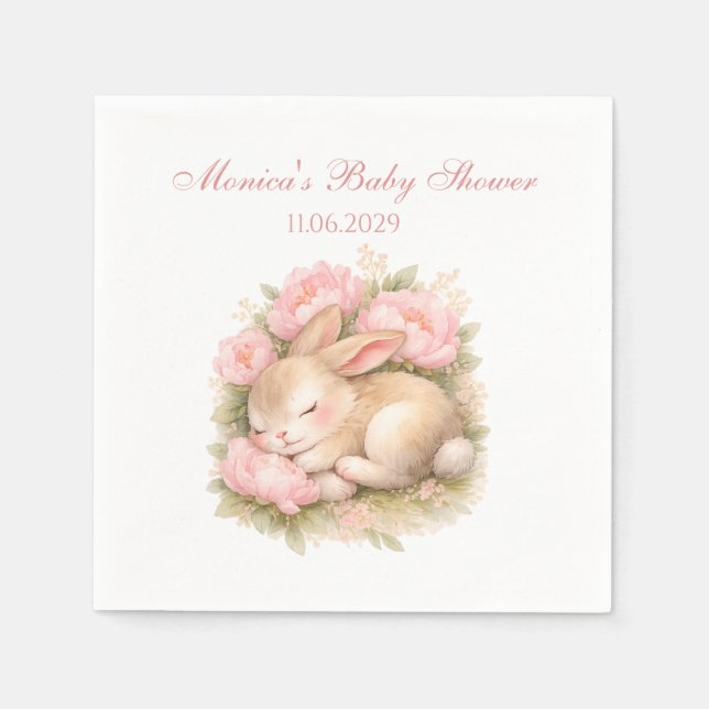 Servilleta De Papel Cute Bunny Rabbit Pink Blush Peony Baby Shower (Anverso)