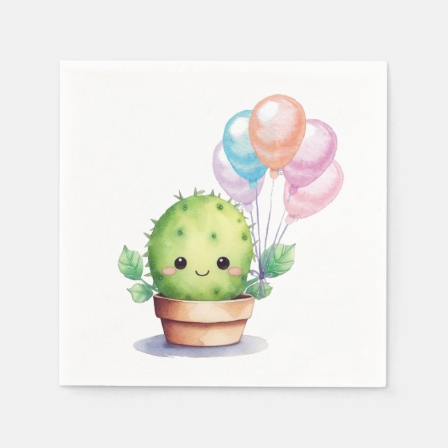 Servilleta De Papel Cute Cactus con globos de cumpleaños (Anverso)