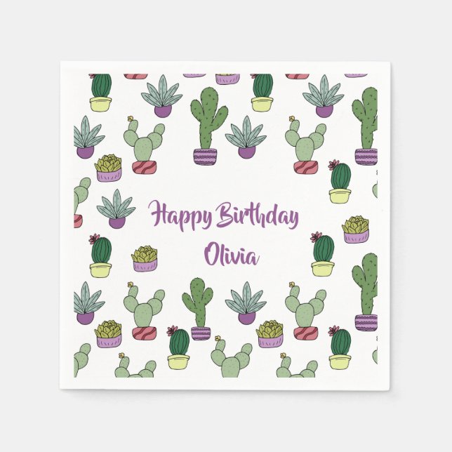 Servilleta De Papel Cute Cactus Suculentas Plantas Potadas Feliz Cumpl (Anverso)