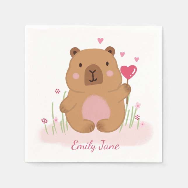 Servilleta De Papel Cute Capybara Personalized Pink Baby Shower  (Anverso)