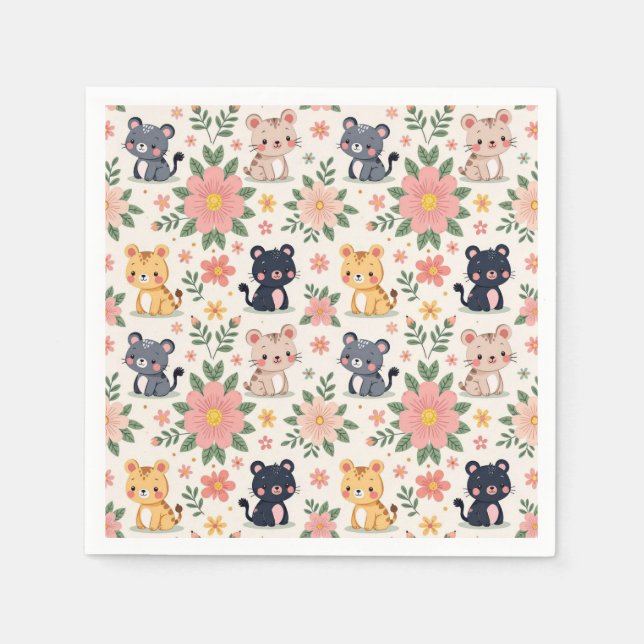Servilleta De Papel Cute Cartoon Jungle Cats and Flowers (Anverso)