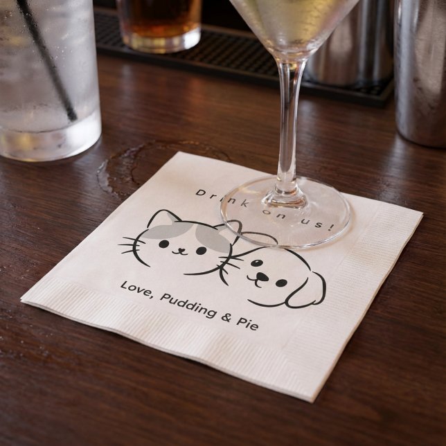 Servilleta De Papel Cute Cat & Dog Line Art "Drink on Us!" Cocktail Na (Subido por el creador)