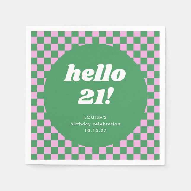 Servilleta De Papel Cute Checkerboard Pink Green 21st Birthday Persona (Anverso)