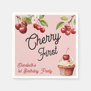 Servilleta De Papel Cute Cherry First Girly Cumpleaños Rosa