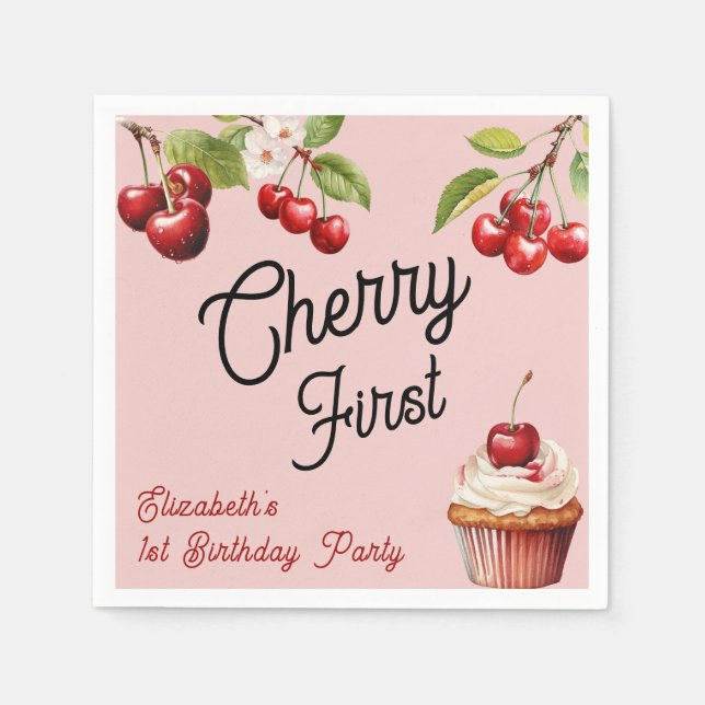 Servilleta De Papel Cute Cherry First Girly Cumpleaños Rosa (Anverso)