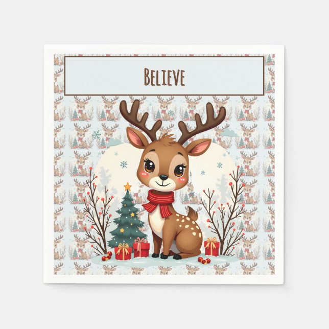 Servilleta De Papel Cute Christmas Reindeer Scene Snowy Forest (Anverso)