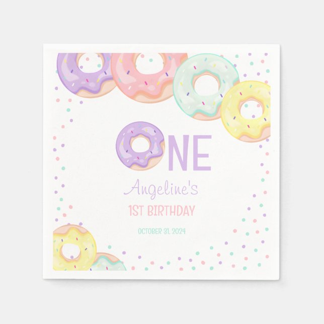 Servilleta De Papel Cute Colorful Sprinkle Donuts First Birthday (Anverso)