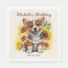 Servilleta De Papel Cute Corgi Dog Sunflowers Cumpleaños