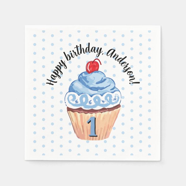 Servilleta De Papel Cute Cupcake Boy Blue Feliz primer cumpleaños Fies (Anverso)