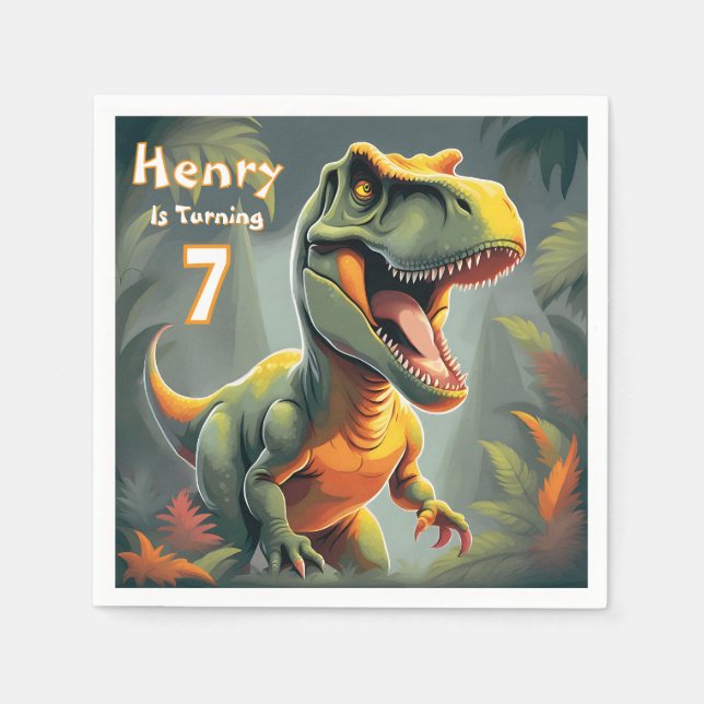 Servilleta De Papel Cute Dino T Rex Papel de cumpleaños (Anverso)