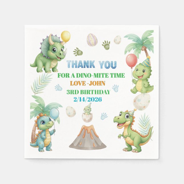 Servilleta De Papel Cute Dinosaur Servilletas para Cumpleaños 3 | Verd (Anverso)
