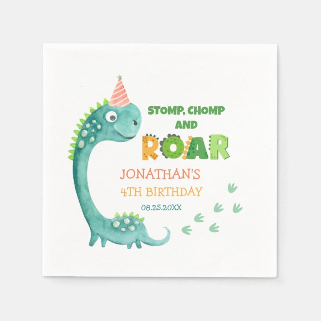 Servilleta De Papel Cute Dinosaur Stomp Chomp Roar Birthday (Anverso)
