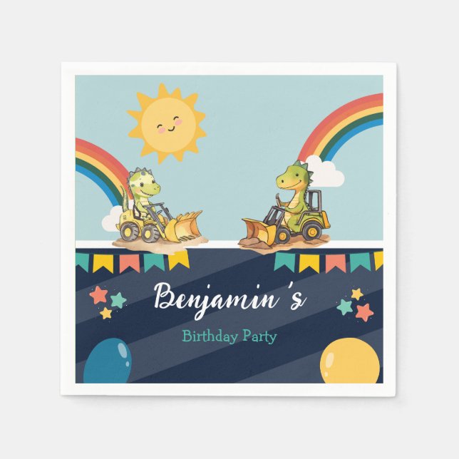 Servilleta De Papel Cute dinosaurio Excavador tractor arco iris Cumple (Anverso)