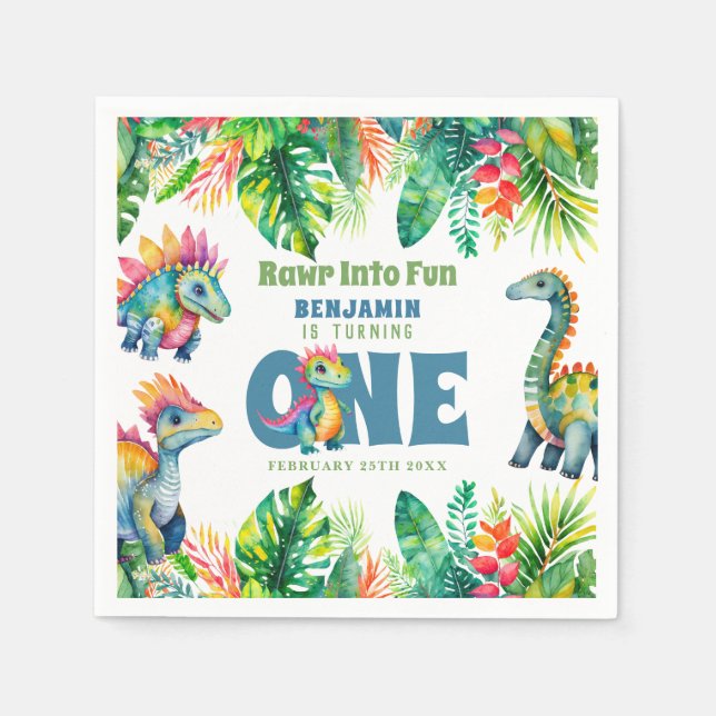 Servilleta De Papel Cute Dinosaurio Tema Primer cumpleaños Niño acuare (Anverso)