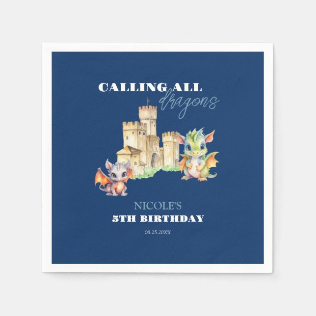 Servilleta De Papel Cute Dragons Castle Fairytale Navy Kids Cumpleaños (Anverso)