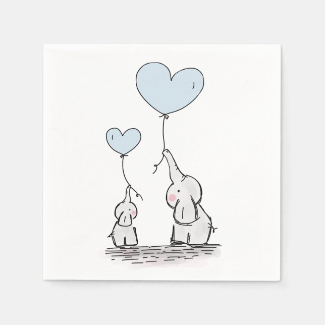 Servilleta De Papel Cute Elephant Blue Heart Balloons Boy Baby Shower (Anverso)