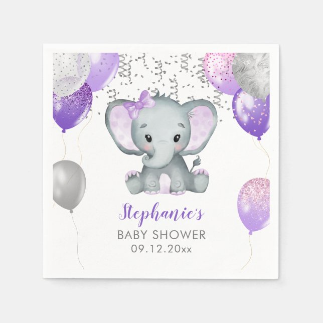 Servilleta De Papel Cute Elephant Chica Balloons Baby Shower (Anverso)