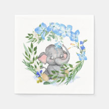 Cute Elephant Florals Foliage Blue Baby Shower