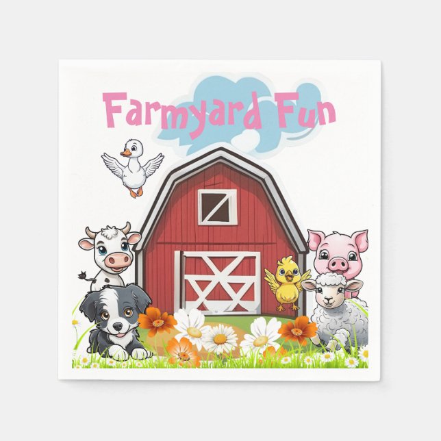Servilleta De Papel Cute Farmyard Fun Animals Country Barn & Daisies (Anverso)