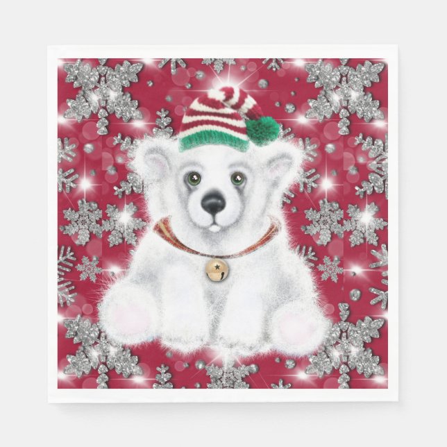 Servilleta De Papel Cute festive holiday Polar bear glitter snowflakes (Anverso)