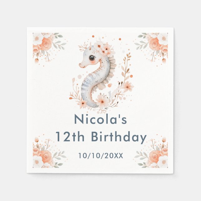 Servilleta De Papel Cute Floral Seahorse Birthday Party (Anverso)