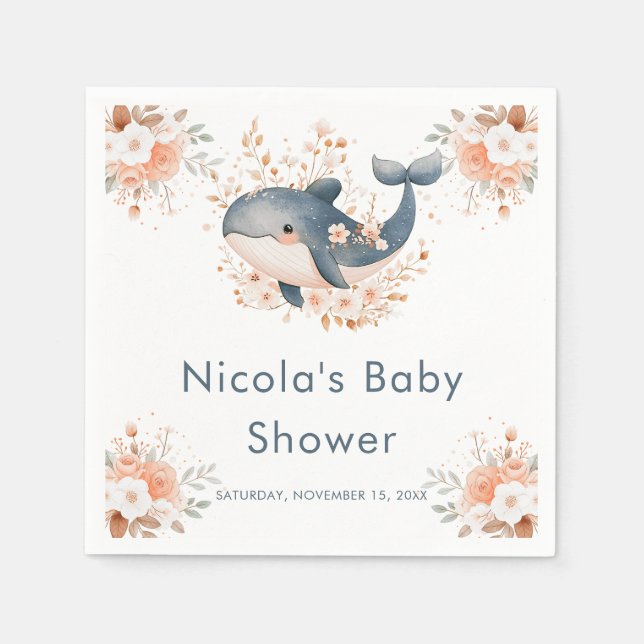 Servilleta De Papel Cute Floral Whale Baby Shower (Anverso)