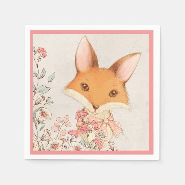 Servilleta De Papel Cute Fox Pink Floral Girly (Anverso)