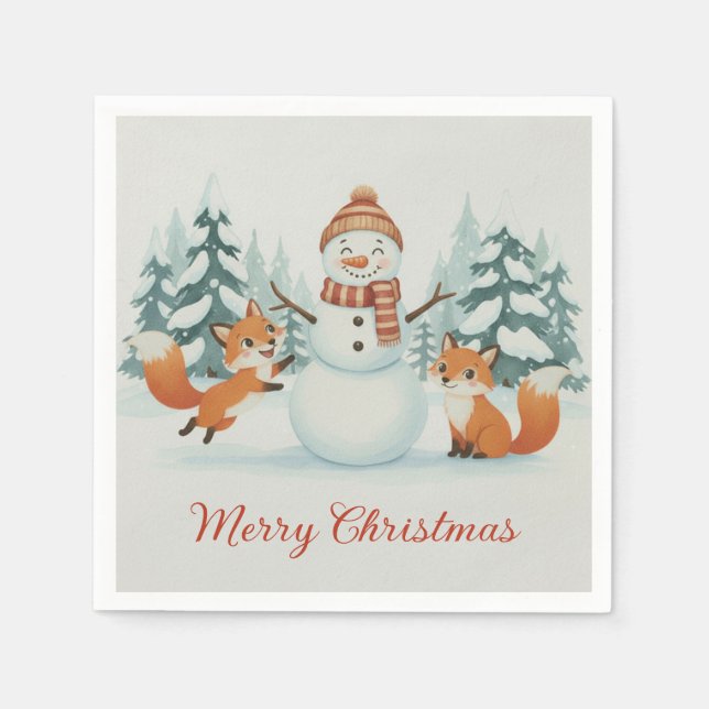 Servilleta De Papel Cute Foxes and Snowman Merry Christmas (Anverso)