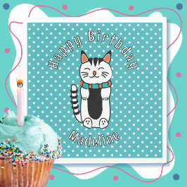 Servilleta De Papel Cute gato Personalizado Turquesa Punto Blanco Cump