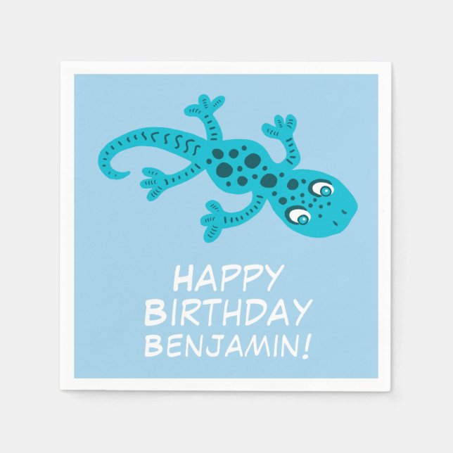 Servilleta De Papel Cute Gecko Blue Name Kid's Birthday Party (Anverso)