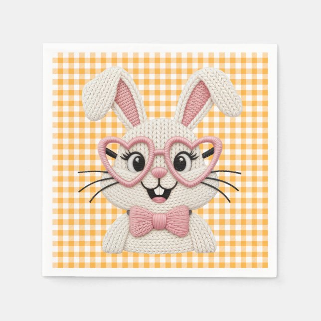 Servilleta De Papel Cute Gingham Bunny Pink Heart Glasses  (Anverso)