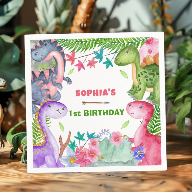 Servilleta De Papel Cute Girl Dinosaur 1st Birthday Party (Subido por el creador)