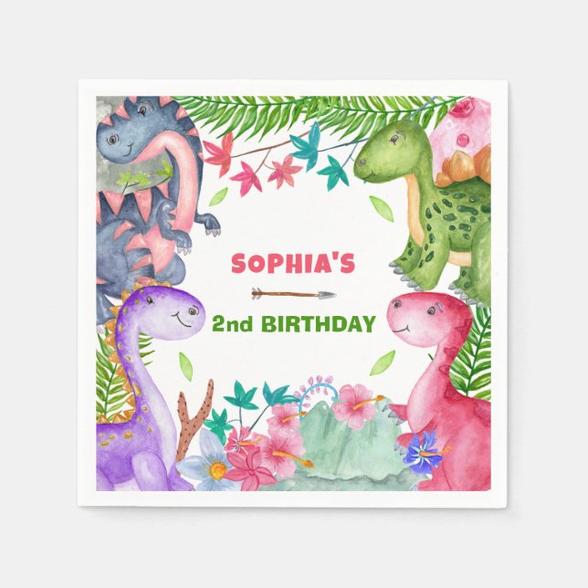 Servilleta De Papel Cute Girl Dinosaur 2nd Birthday Party (Anverso)