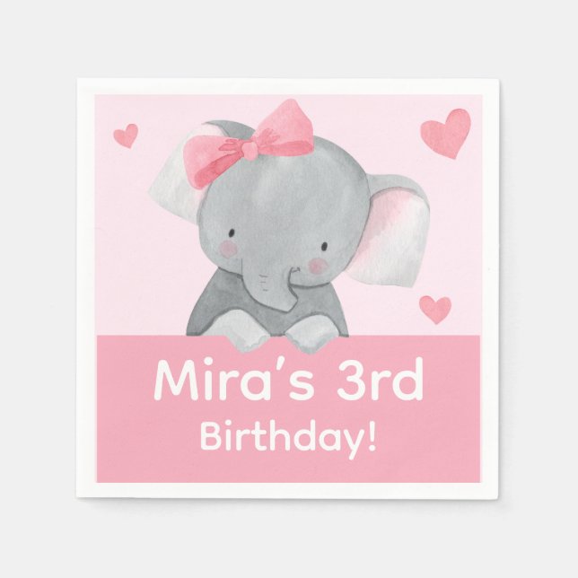 Servilleta De Papel Cute Girly Elephant Pink Bow Birthday Party  (Anverso)