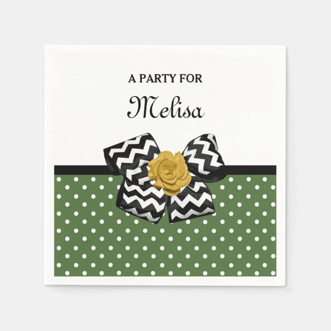 Servilleta De Papel Cute Green Dots Yellow Rose Chevron Bow and Name (Anverso)