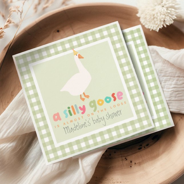 Servilleta De Papel Cute Green Gingham Neutral Silly Goose Baby Shower (Subido por el creador)