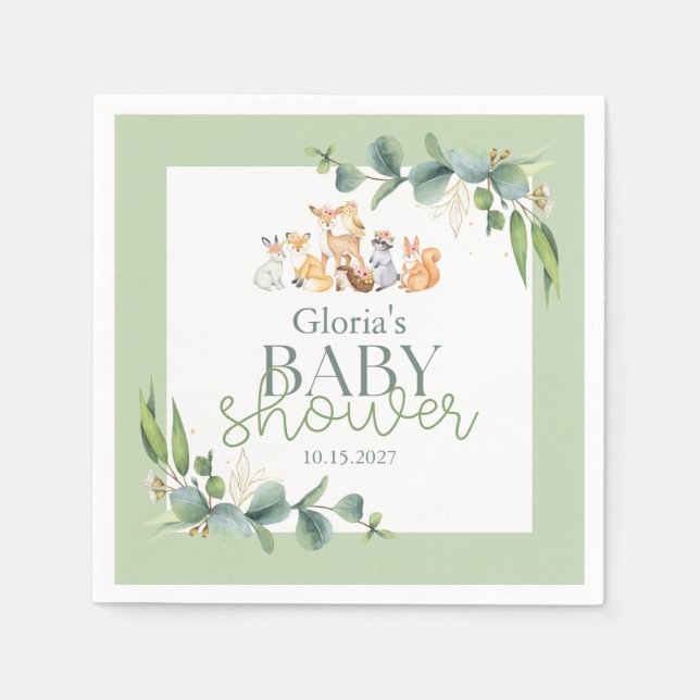 Servilleta De Papel Cute Greenery Woodland Animals Baby Shower (Anverso)