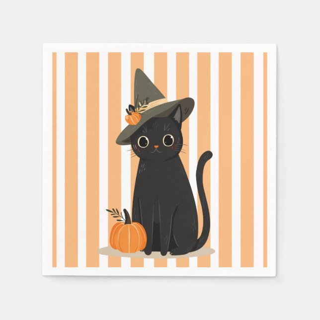 Servilleta De Papel Cute Halloween Black Cat with Witch Hat Pumpkin (Anverso)