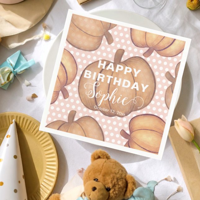 Servilleta De Papel Cute Happy Birthday Pink & Orange Pumpkin Party  (Subido por el creador)