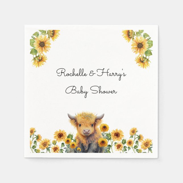 Servilleta De Papel Cute Highland Cow Calf Sunflowers Baby Shower (Anverso)