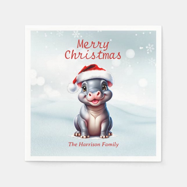 Servilleta De Papel Cute Hipopótamo Santa Hat Navidades Snowy (Anverso)