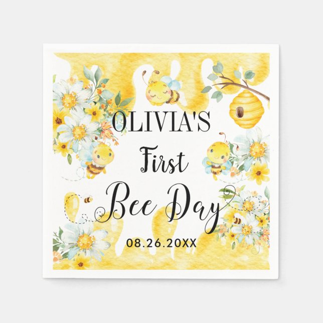 Servilleta De Papel Cute Honey Bees Yellow Floral Birday (Anverso)