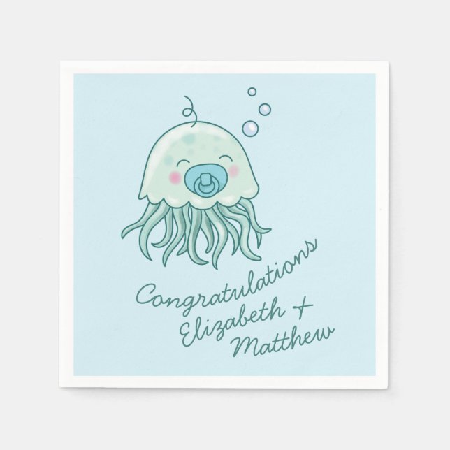 Servilleta De Papel Cute Jellyfish Baby Shower Kawaii Blue Boy (Anverso)