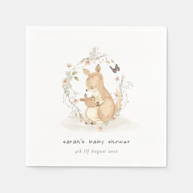 Servilleta De Papel Cute Joey Mama Kangaroo Floral Wreath Baby Shower (Anverso)
