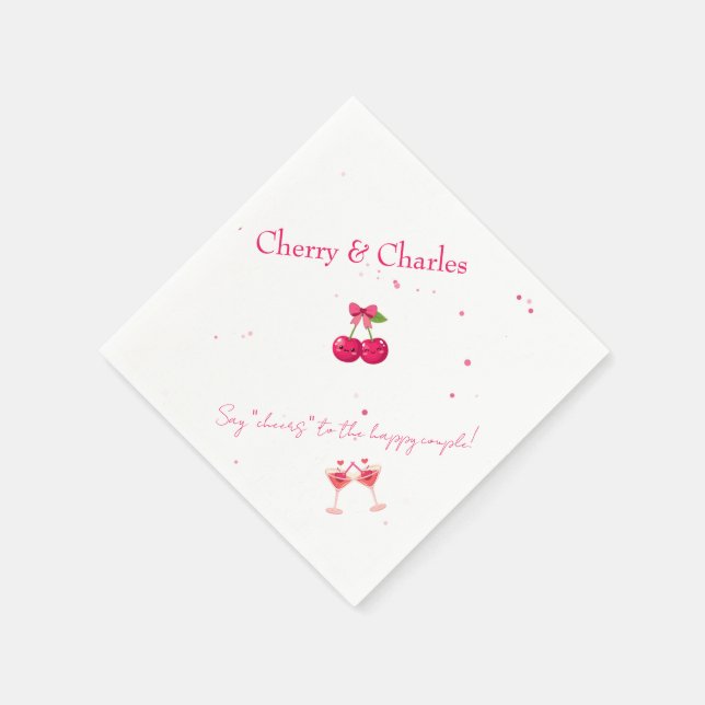 Servilleta De Papel Cute Kawaii Cherry Couple Pink & Red Wedding  (Borde)