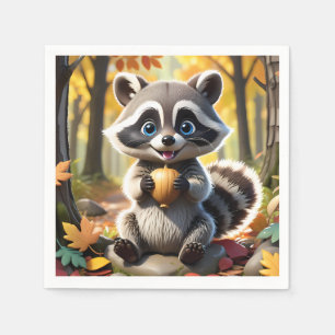 Servilleta De Papel Cute Kawaii estilo Racoon sosteniendo una bellota